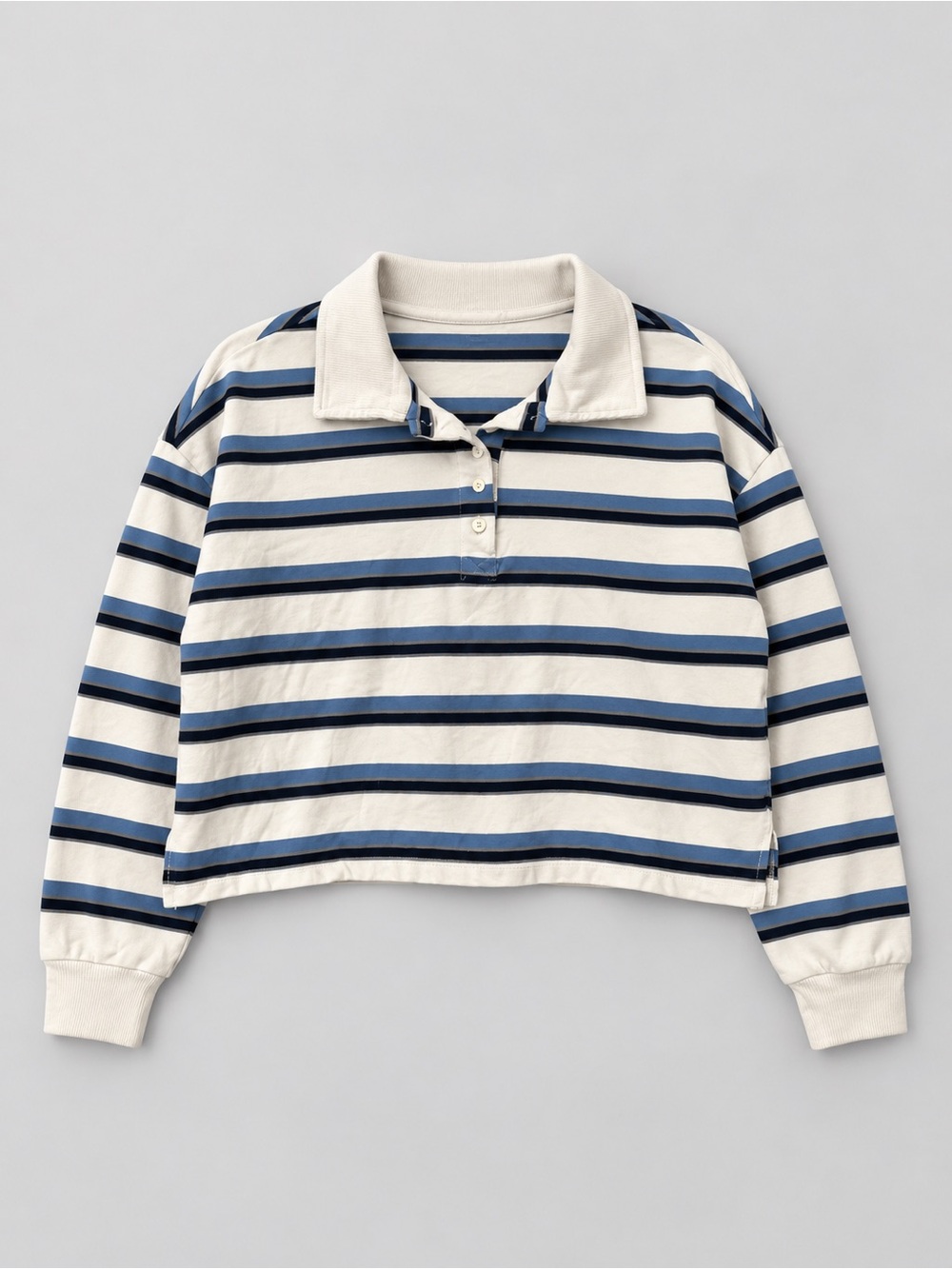 Striped V-Neck Cropped Sweater in Cream and Blue